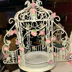 PARTYLITE WHITE WIRE W PINK ROSES BIRD CAGE CANDLE HOLDER 