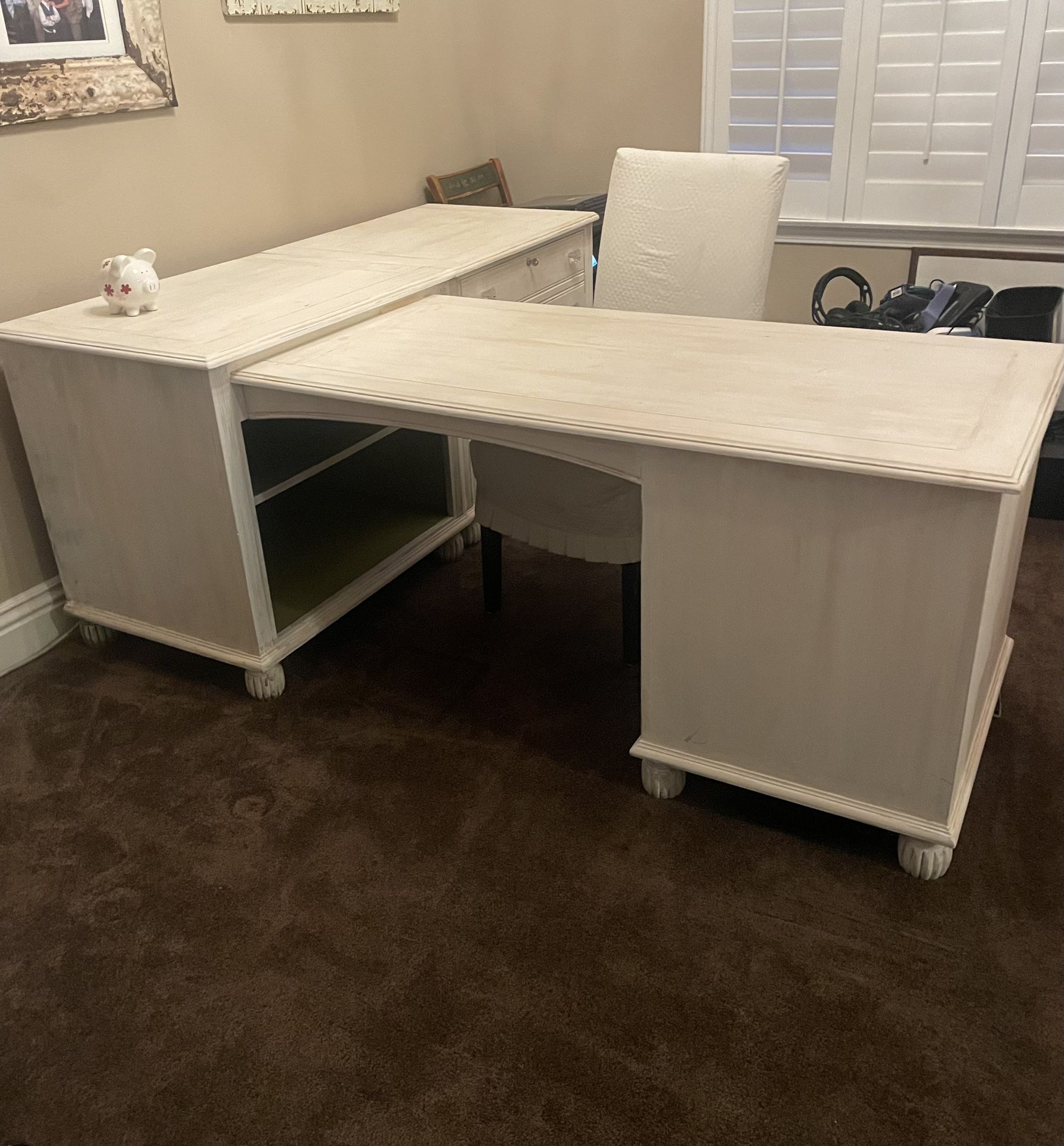 White Wooden Desk, L-shaped Config, Solid Wood, Pine Top, Painted White) Desk W File Cabinet 