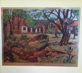 Rare Vintage Lionel Barrymore "Shoreside Farm" Silver Foil Art Print -  7 5/8" x 5 3/4"