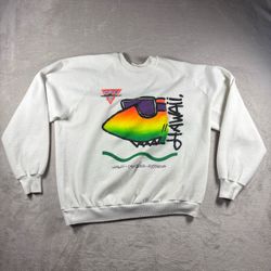 Vintage 80s Brudda Shark Hawaii Neon Surf Men’s L White Sweatshirt Grunge #1A