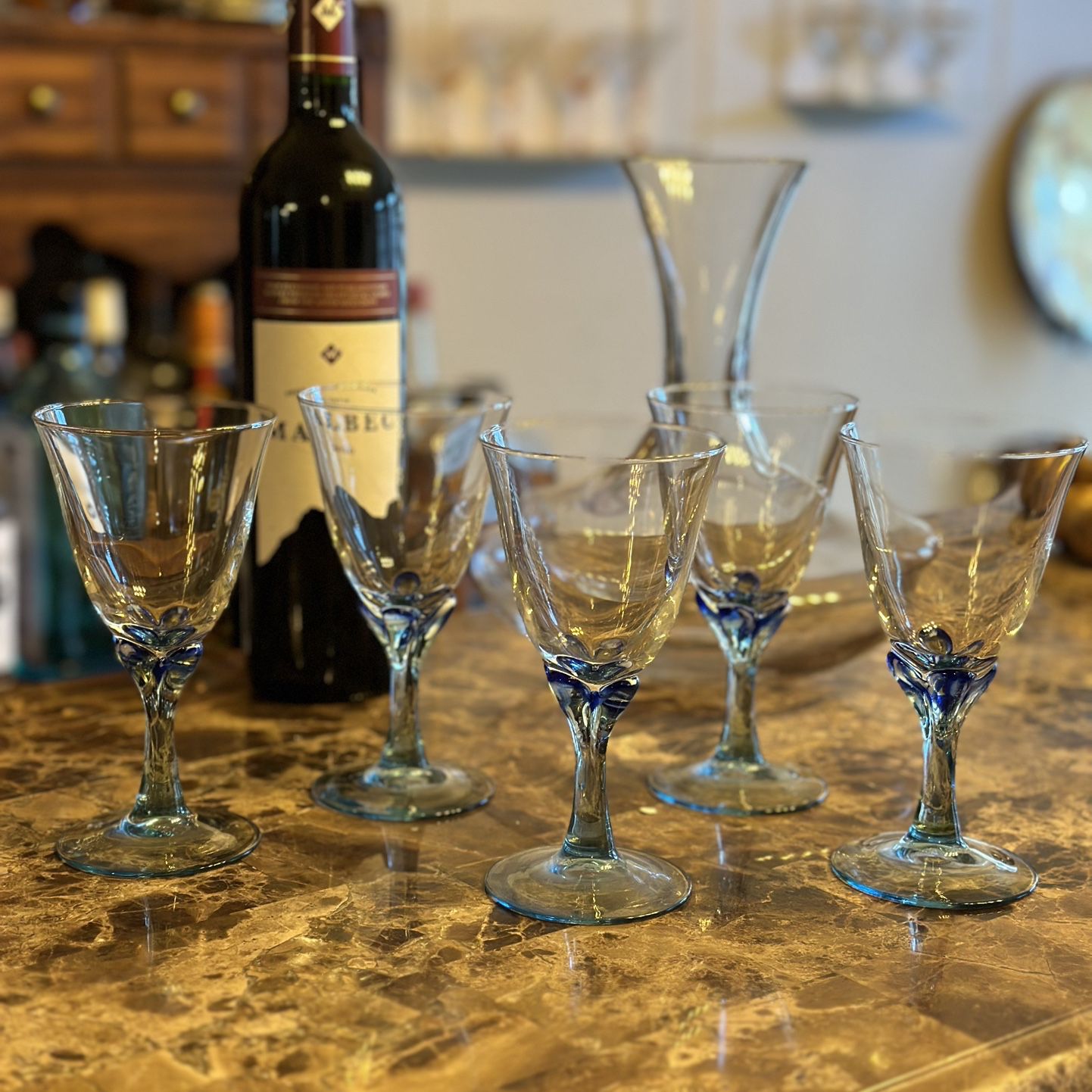 uminarc France Glass White Wine Glasses Art Glass Blue Petal Stems Fleur