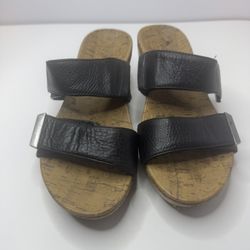 Vionic Black Pepper Leather Wedge Sandals Size 7