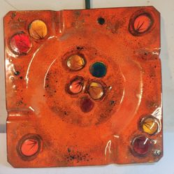 1950's-60's California Cloisonné XL Enamel On Copper Orange Ashtray