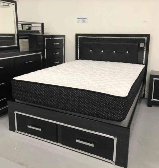 Kaydell King Panel Bed With Storage With Mirrored  Dresser Chest And Nightstand