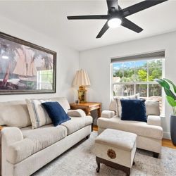 Loveseat, Chair, Ottoman, Table, Lamp