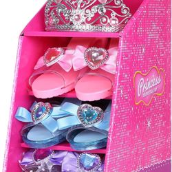 Let your child feel like royalty with this enchanting Princess Dress-Up Shoe and Tiara Set. Featuring vibrant pink, blue, and purple shoes adorned wit
