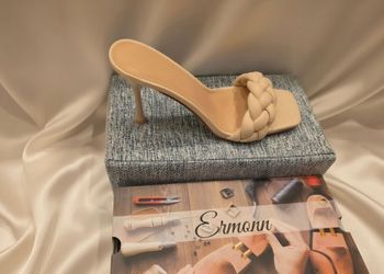Ermonn Squared Opened Toe Braided Strap Nude High Heel Slide