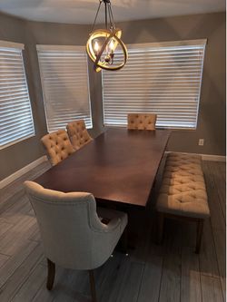 Dining table 4 upholstered chairs one bench