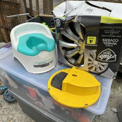 Free rim hub cap covers potty chair and a rat mouse trap