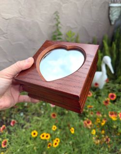 Vintage wooden heart jewelry box with mirror