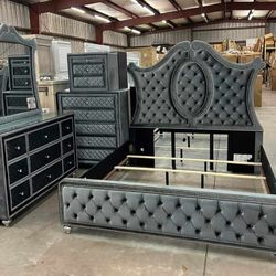 Cameo Gray Upholstered Panel Bedroom Set// Dresser, Mirror, Nightstand, Bed// Mattress Sold Separately 