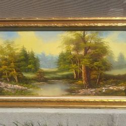 56" X 32"" Beautiful Nature Scene Landscape Painting Trees Framed