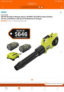 Ryobi 40V HP Brushless Whisper Series 190 MPH 730 CFM Leaf Blower 2 batteries charger