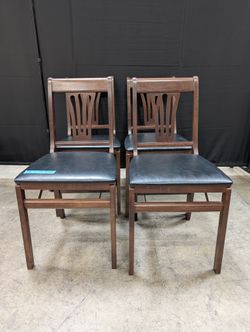 Set of Four Dark Brown Wood Folding Dining Chair with Black Seat