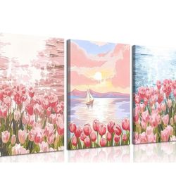 3Pcs Pink Tulip Floral Canvas Wall Art 12x16in