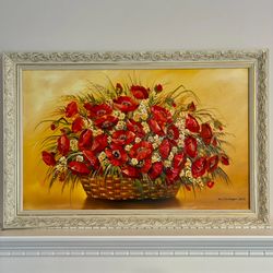 Large Framed Original Oil Painting - Vibrant Red Poppies Still Life