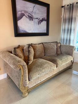 Ornate Traditional Sofa with Carved Wood Frame