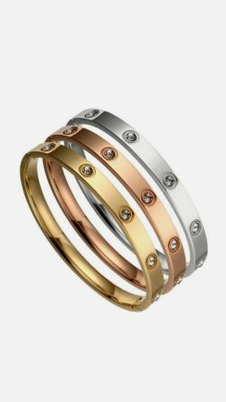 Stainless Steel Gold Plated Bangle Bracelet With Cubic Zirconia