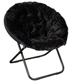 Large-size folding chair, black faux leather moon chair with black metal frame, 38-inch portable foldable chair, suitable for bedroom and dorm use bra