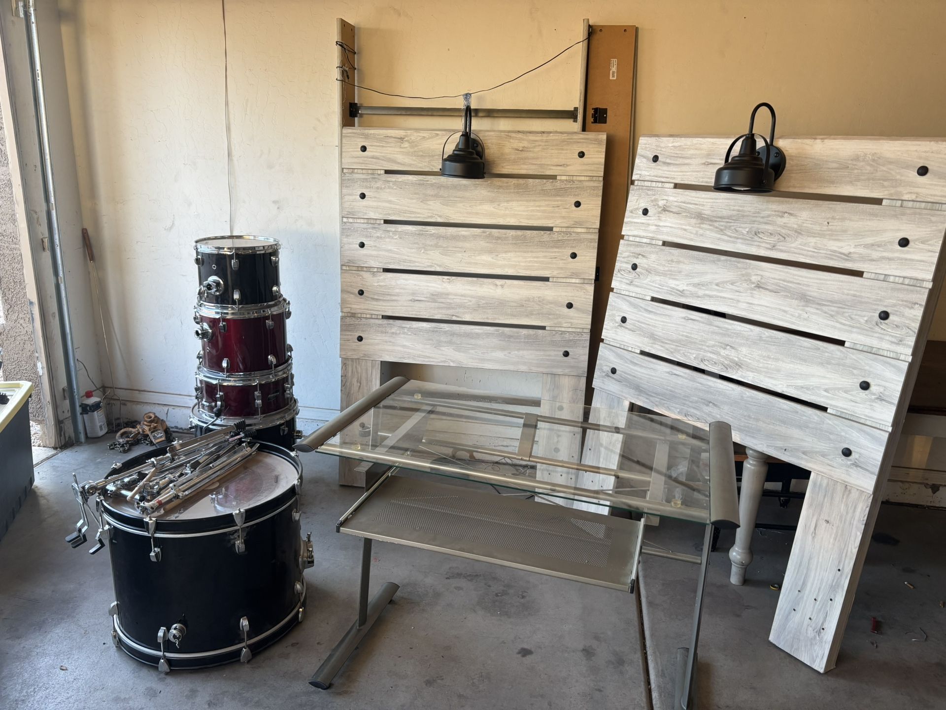 Drum Set, Twin Headboards, & Desk