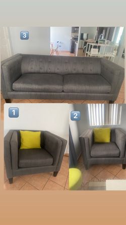 living room set of 3 sofas, two small and one large, blue gray color, you can see the other photos large armchair measurements 206cm long x. 80cm wid