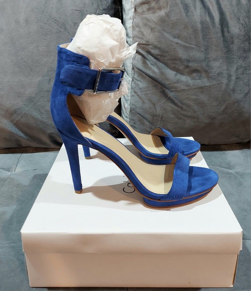 CALVIN KLEIN VIVIAN SUEDE BRIGHT BLUE STILETTO HEELS ANKLE STRAPS SIZE 8M IN ORGINAL BOX MODEL # E3826 STYLE # 34E3826-RTB.