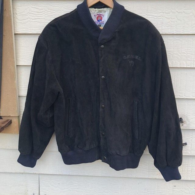 VTG Camel Cigarettes Advertising Logo Suede Leather Bomber Motorcycle Jacket XL