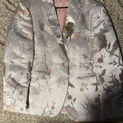 Men’s Pink & Silver Jacquard Suit Jacket – Floral Bird Pattern – Shimmer Blazer – Size L