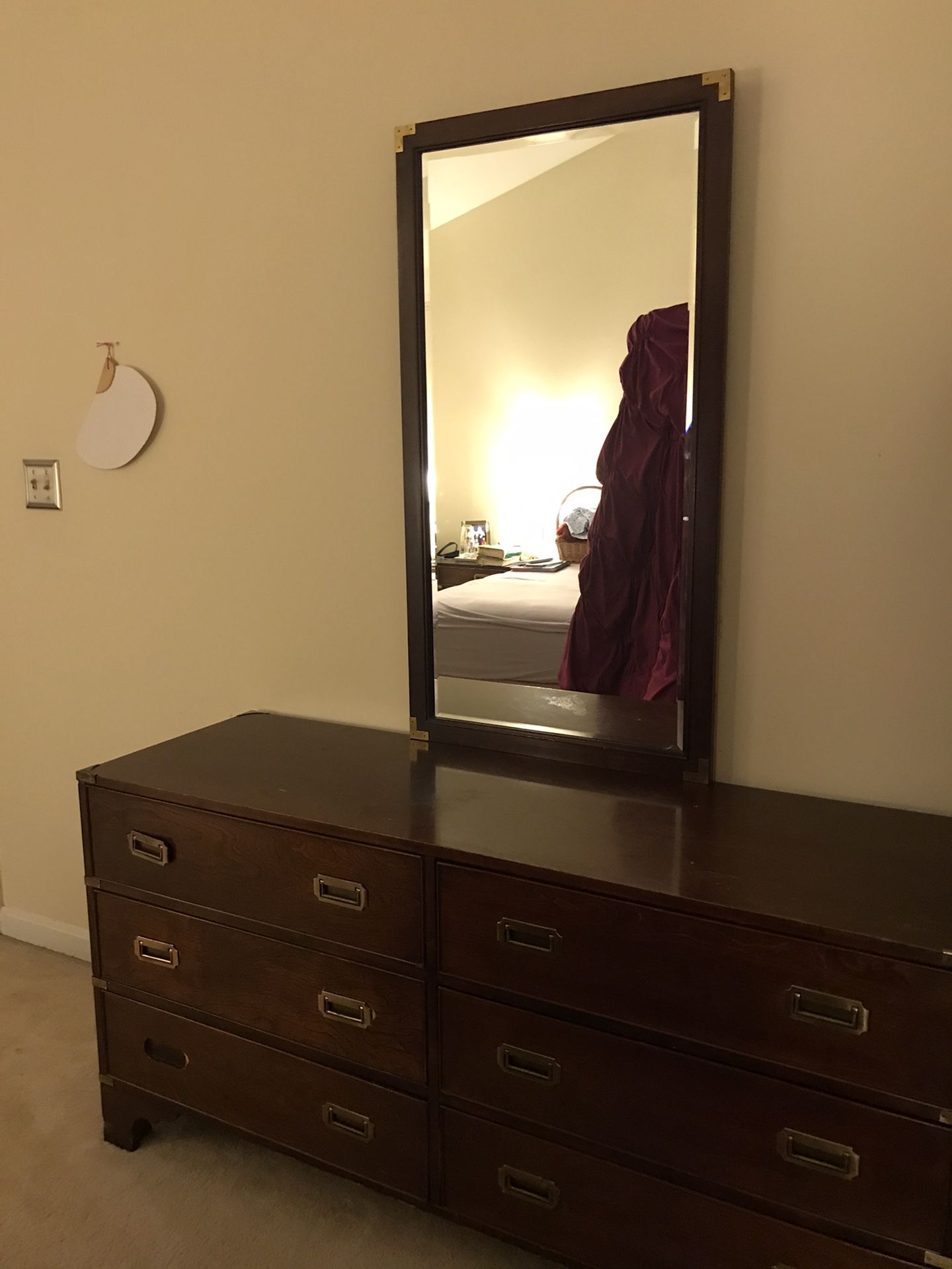 Large brown wood vanity with mirror and 6 drawers + large brown wood dresser with 3 drawers