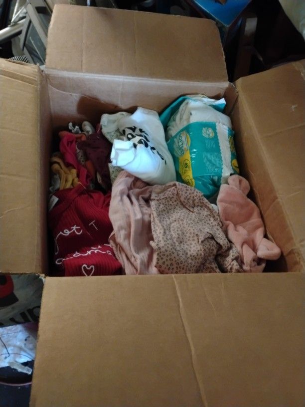 Box Of Baby Girls Clothing Three To Six With Size 1 Diapers