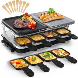 Voohek Korean BBQ Grill Raclette Table Grill Hibachi Electric Indoor Grill 2 in 1 Non-stick Grilling Plate and Natural Cooking Stone Adjustable Temper