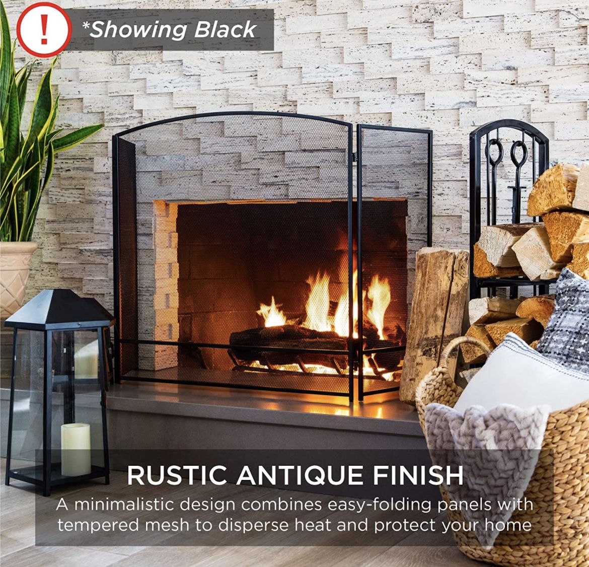 3-Panel Simple Steel Mesh Fireplace Screen w/ Worn Finish - 54.25x30.25in