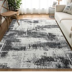 NEW Washable Modern Abstract Area Rug 4 x 6 Gray White Soft Non Slip Low Pile