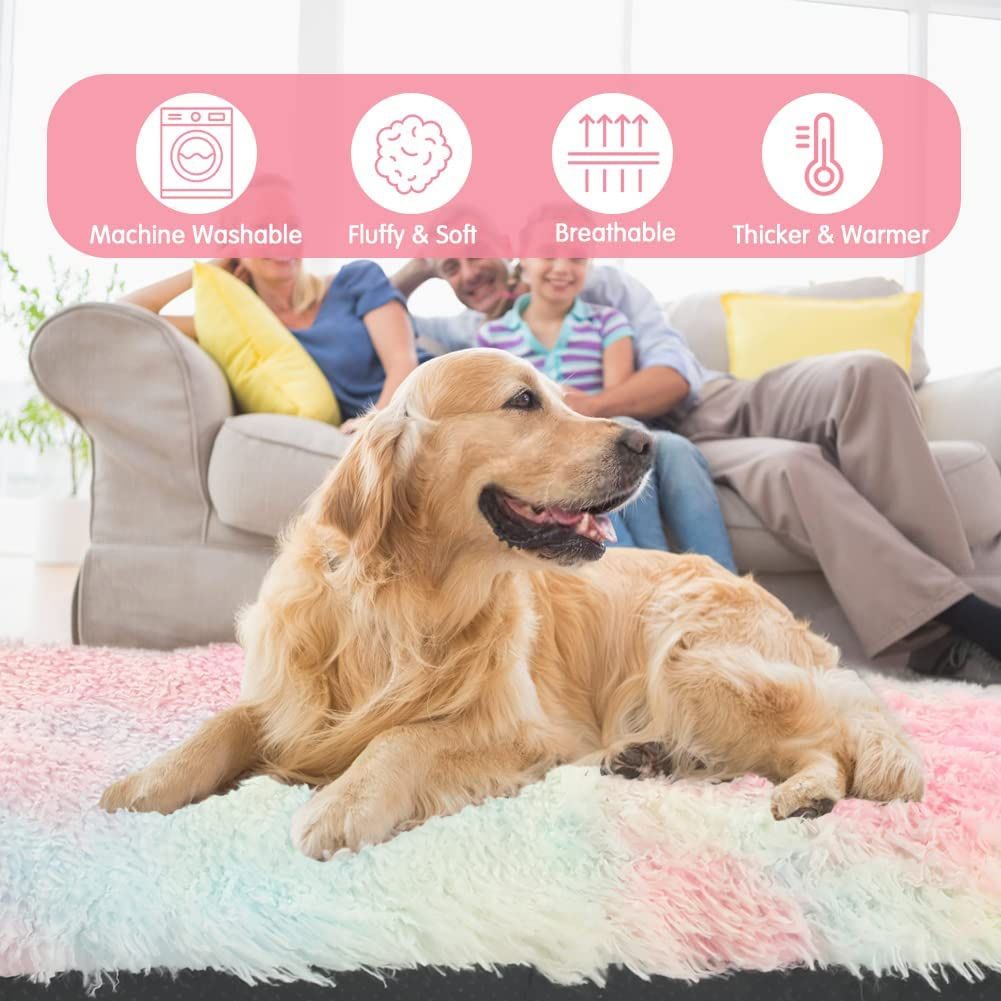 Pet Bed,Deluxe Faux Fur Dog Crate Mat with Anti-Slip Bottom.24”X18”X3”Snow Rainbow