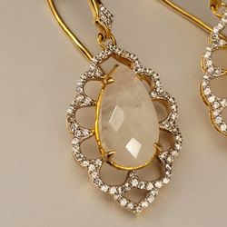 Rainbow Moon Stone with White Zircon Earring in Sterling Silver Rose Gold Rhodium