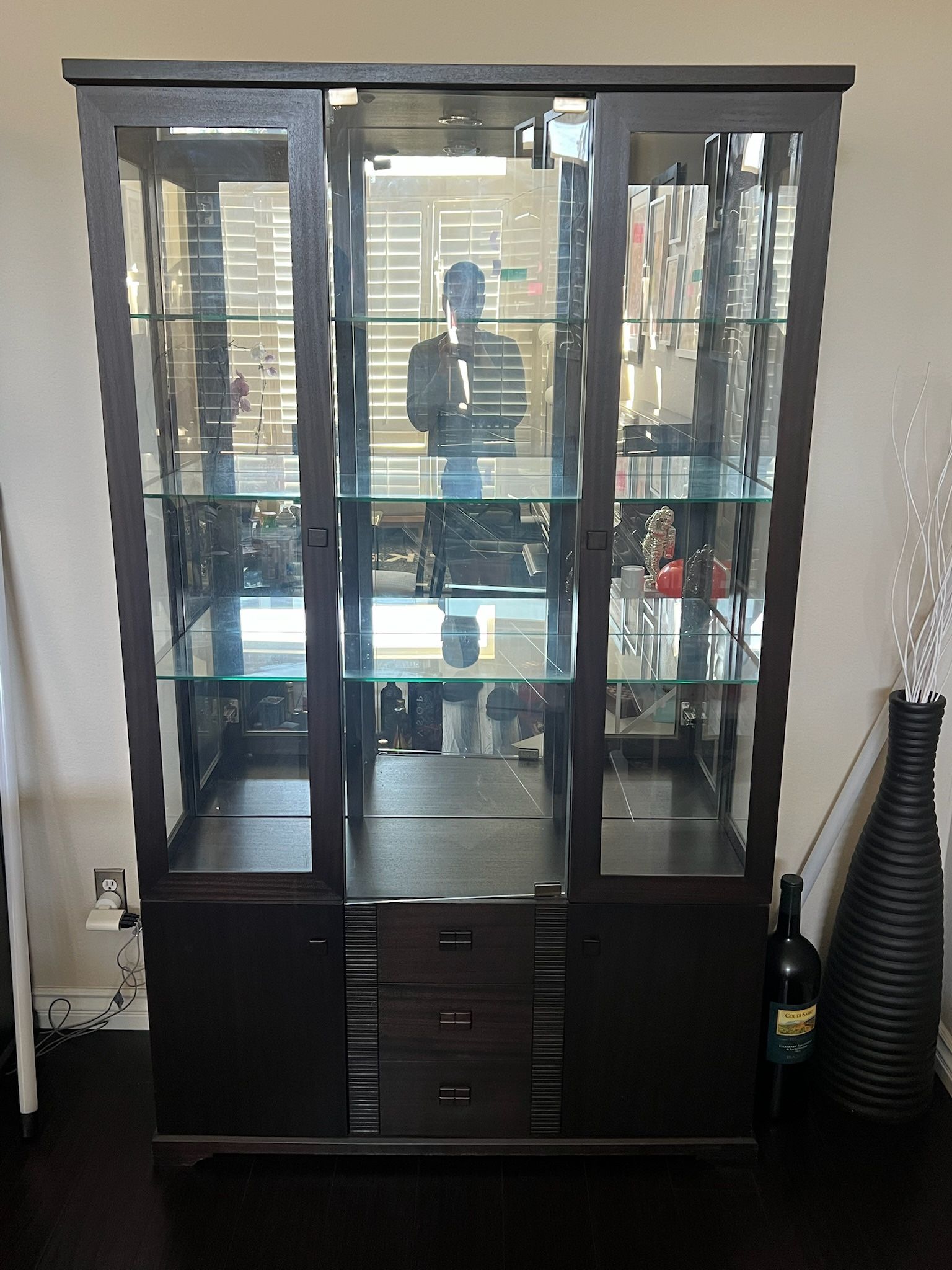 4 Tier Display Storage Cabinet With Mirror, Drawers & Tempered Glass And Drawers Dark Brown Organization