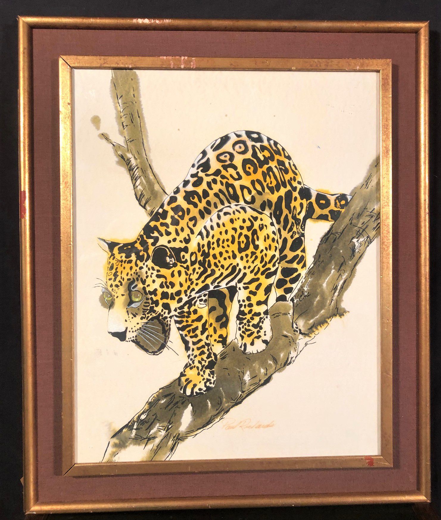 PAUL RICHARDS (BORN 1949) – ORIGINAL WATERCOLOR ON PAPER OF LEOPARD, SIGNED AND FRAMED – 32” x 26” x 2”