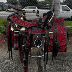 Charro Style Horse Saddle – Red & Black – New