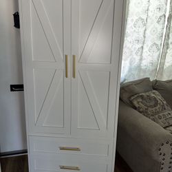 71" White Steel Freestanding Wardrobe Cabinet - 2 Drawers, Hanging Rod, Adjustable Shelf, Modern Anti-Tipping Heavy-Duty Armoire for Bedroom, Laundry 