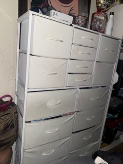 White fabric drawers with hard wood top moving need gone ASAP pick up only