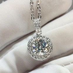  1 Carat Moissanite Halo Pendant, 18k White Gold-Plated, 925 Sterling Silver Necklace