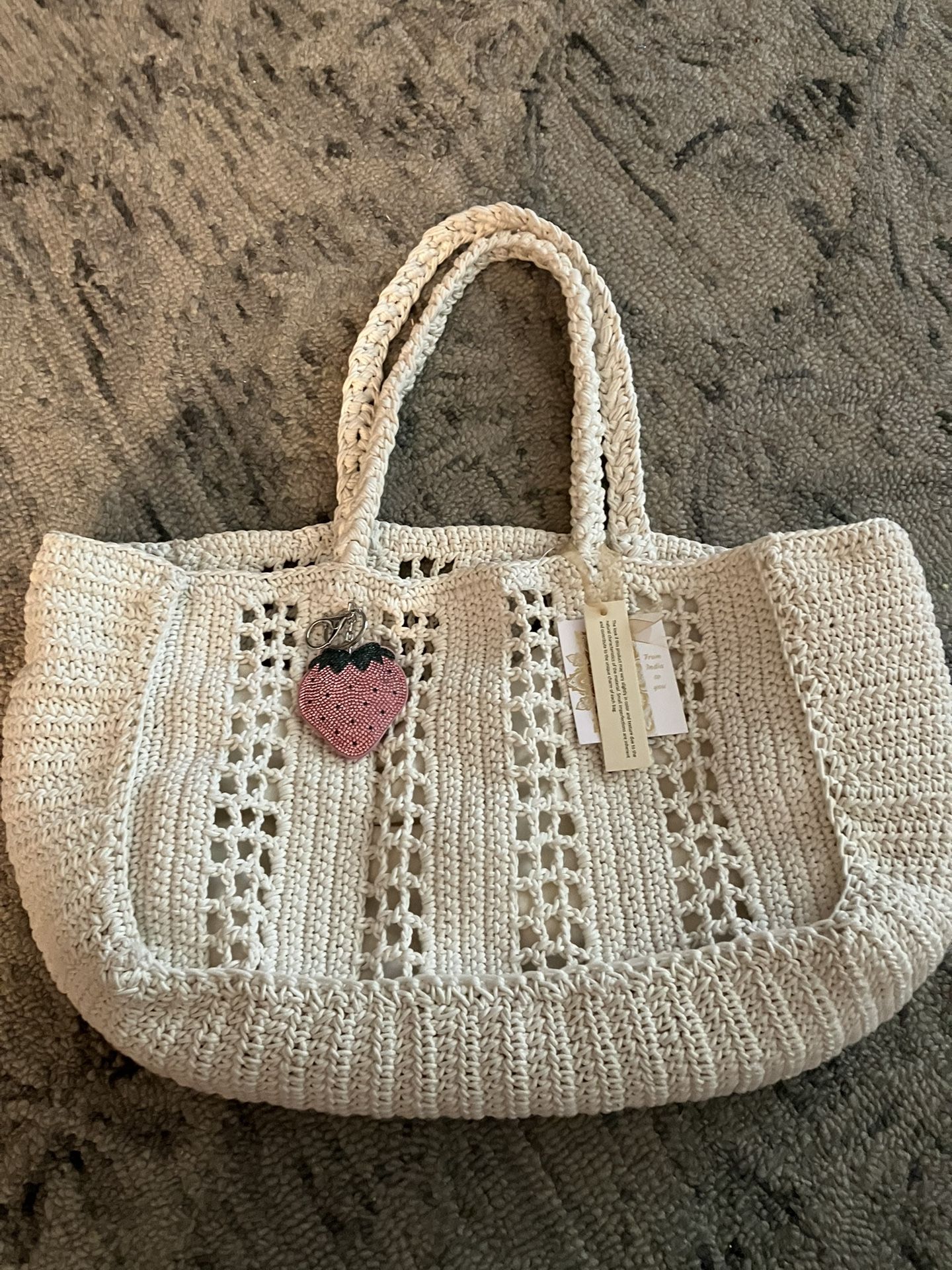 Crochet Tote Handbag Ivory with Strawberry Beaded Key Charm 15”x 9.5”x 7” Lined Inner Bag New Only 1 Available
