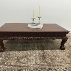Antique Mahogany Coffee Table Chinese Asian Burmese Anglo-Indian Hand Carved Wood Ball Claw Feet