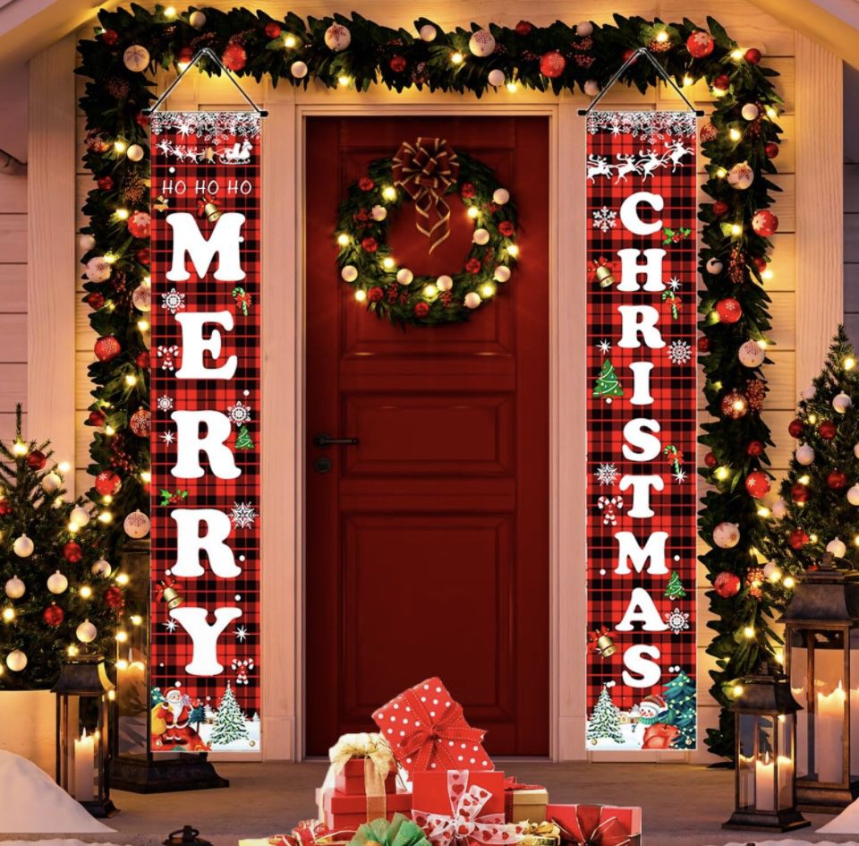 Christmas Decorations Red Black Buffalo Plaid Sign Set for Festival Merry Christmas Door Banner | Outdoor Yard & Front Porch | Indoor & Outdoor Xmas D