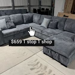 Stylish Dark Gray XL 4-Pc Sectional Sofa With Pull-out Bed & Storage Corduroy Fabric Brand New 