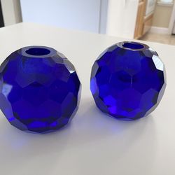 Cobalt Blue Thick Faceted Glass Candle Holders.  Pictures Do Not Do Them Justice As They Are Beautiful!