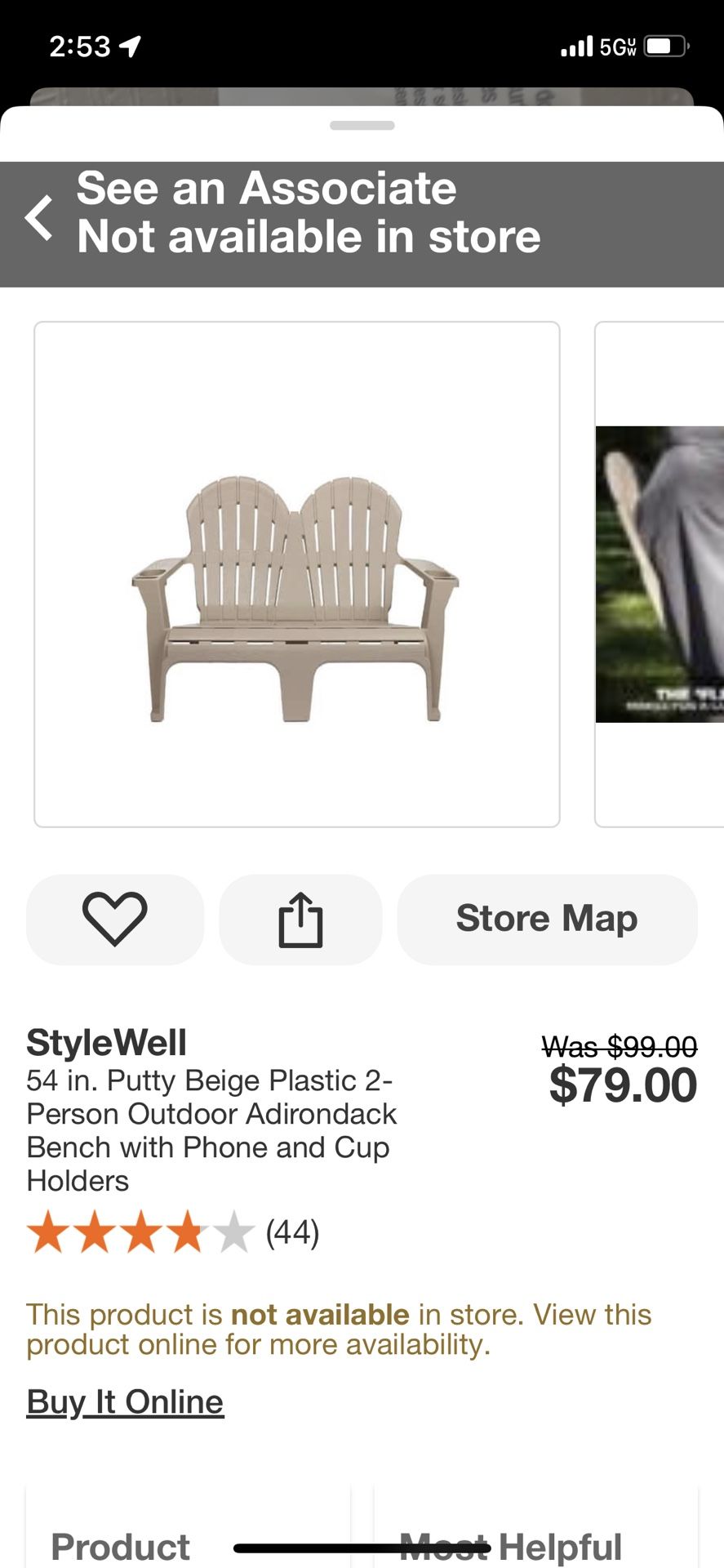 StyleWell 54 in. Putty Beige Plastic 2-Person Outdoor Adirondack Bench with Phone and Cup Holders