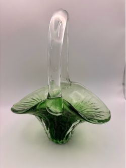 Vintage Hand Blown Green Art Glass Basket Clear Applied Handle Candy Dish