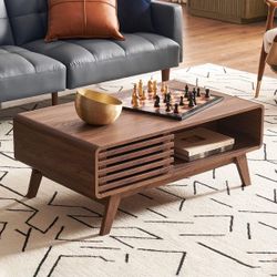 Coffee Table, Mid Century Modern Table with Storage, Farmhouse Wood Coffee Table for Living Room Fluted (Walnut)
