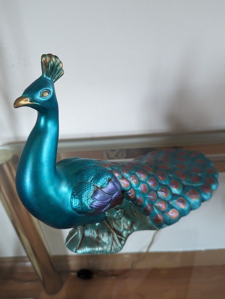 Mid Century Vintage Ceramic Teal / Turquoise Peacock Art Statue